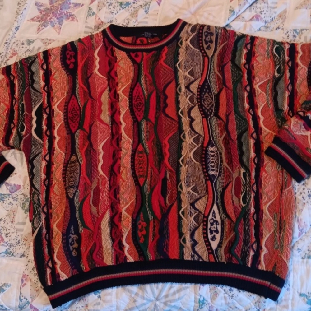 Red and Green Crewneck Sweater with Textured Knit